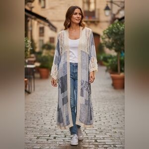 POL Boho Patchwork Lace Trim Kimono — Blue & Cream